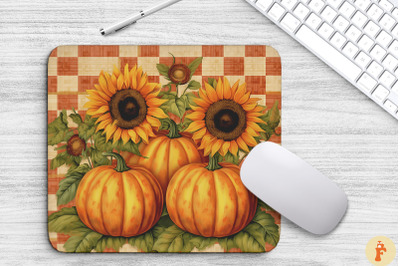 Pumpkin And Sunflowers On Checkerboard