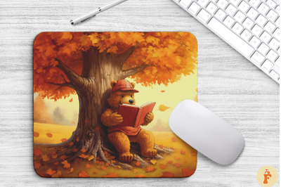 Cute Bear Reading Book Under Autumn Tree