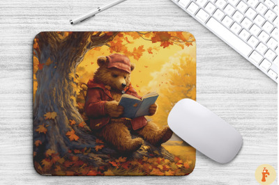 Cute Bear Reading Book Under Autumn Tree