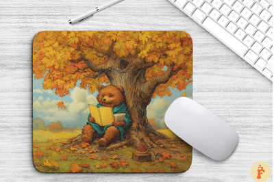 Cute Bear Reading Book Under Autumn Tree