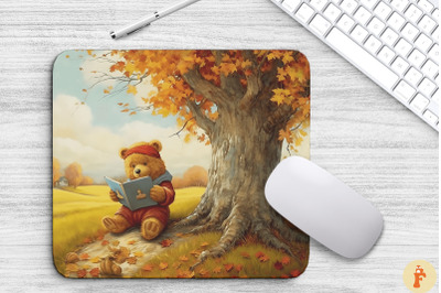 Cute Bear Reading Book Under Autumn Tree