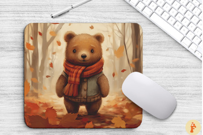 Cute Bear In A Scarf With Fall Leaves