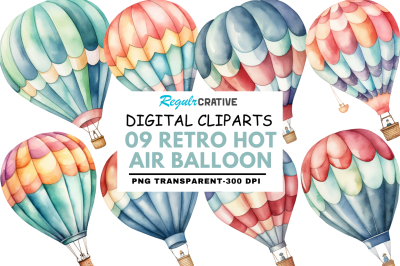 Retro Hot Air Balloon Watercolor Clipart