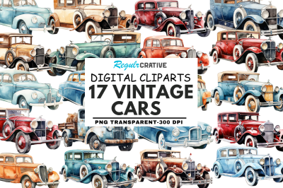 Vintage Cars Watercolor Clipart