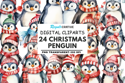 Watercolor Christmas Penguin Clipart