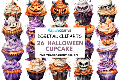 Watercolor Halloween Cupcake Clipart