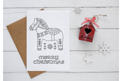 Christmas coloring card, dala horse, sweden art, minimalist christmas