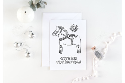 Christmas coloring card, dala horse, sweden art, minimalist christmas