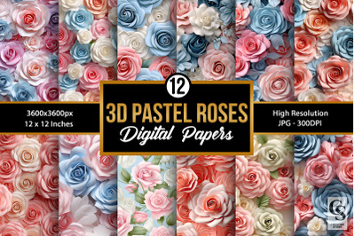 Pastel 3D Roses Digital Papers, 3D Floral Seamless Patterns a