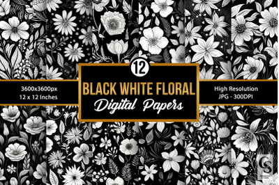 Black and White Cute Floral Seamless Patterns