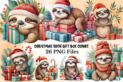 Watercolor Christmas Sloth Gifts Clipart