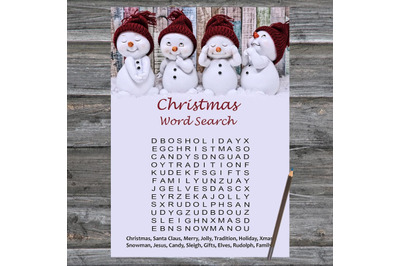 Snowman Christmas card,Christmas Word Search Game Printable