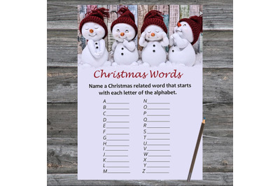 Snowman Christmas card,Christmas Word A-Z Game Printable