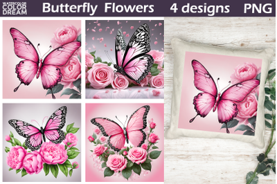 &nbsp;Pink Butterfly With Flowers PNG
