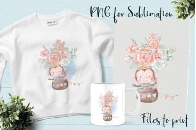 Cute Monkey in a balloon of flowers. Design for printing.