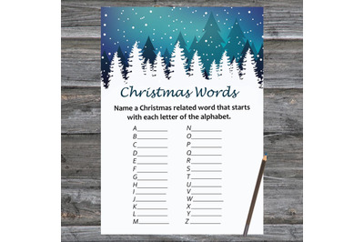 Winter Landscape Christmas card,Christmas Word A-Z Game Printable