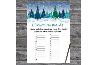 Winter forest Christmas card,Christmas Word A-Z Game Printable