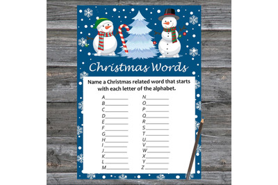 Cute snowman Christmas card,Christmas Word A-Z Game Printable