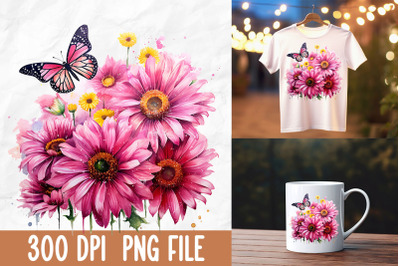 Breast Cancer Pink Sunflower Butterfly