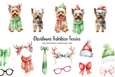 Watercolor Christmas yorkshire terrier clipart. Xmas yorkshire terrier