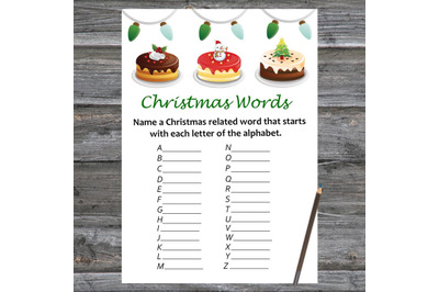 Cake Christmas card,Christmas Word A-Z Game Printable
