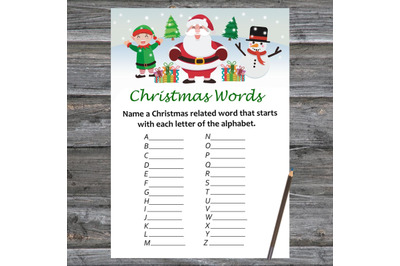 Santa Claus Christmas card,Christmas Word A-Z Game Printable