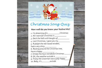 Santa and reindeer Christmas card,Christmas Song Trivia Game Printable