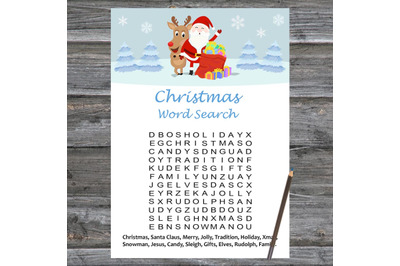 Santa and reindeer Christmas card,Christmas Word Search Game Printable