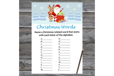 Santa and reindeer Christmas card,Christmas Word A-Z Game Printable