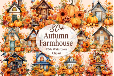 Autumn Farmhouse PNG Watercolor Clipart Collection