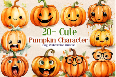Cute Pumpkin Face Character PNG Watercolor Clipart Bundle