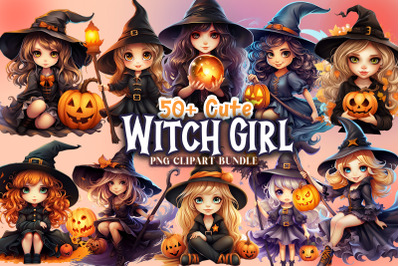 Cute Halloween Witch Girl PNG Clipart Bundle