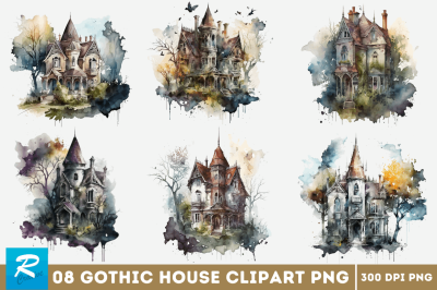 Watercolor Gothic House Clipart Bundle