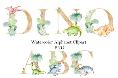 Watercolor alphabet with dinosaurs.