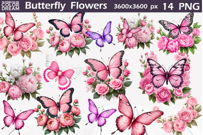 Pink Butterfly Sublimation Bundle | Butterflies Flowers PNG