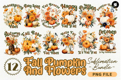 Fall Pumpkin Flowers Floral Sublimation Designs PNG Bundle