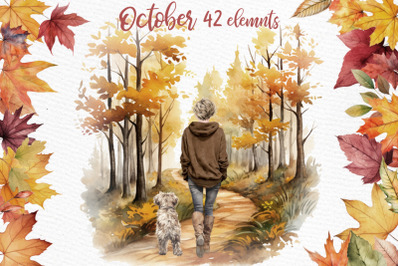Fall Leaves clipart Autumn forest path Girl with dog Png