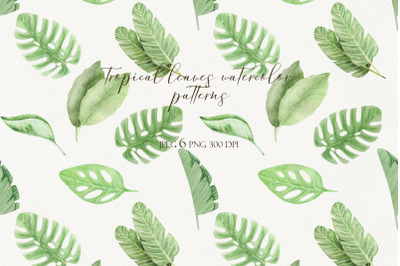 Tropical leaves watercolor seamless patterns hand drawn
