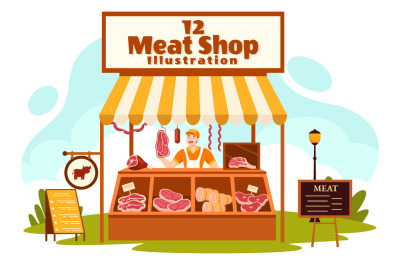 12 Meat Shop Vector Illustration