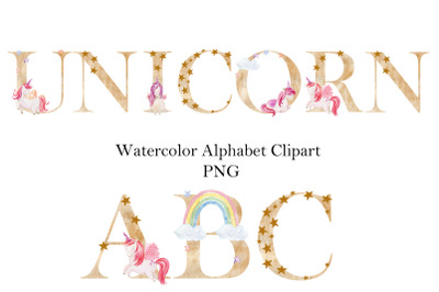 Watercolor alphabet with unicorns.