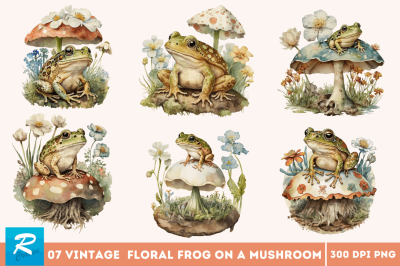 Watercolor Vintage Cute Floral Frog on a Mushroom Bundle