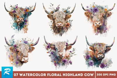 Watercolor Floral Highland Cow Bundle