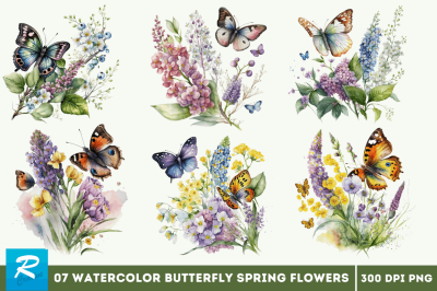 Watercolor Butterfly and Spring Flowers Bundle