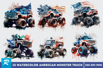 Watercolor American Monster Truck Bundle