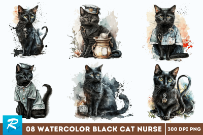 Watercolor Black Cat Nurse Bundle