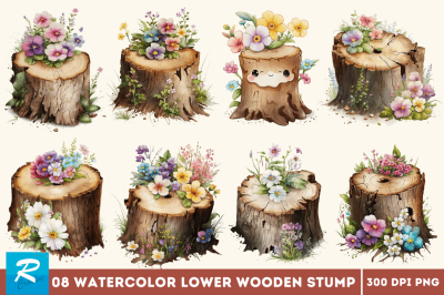 Watercolor Cute Flower Wooden Stump Bundle