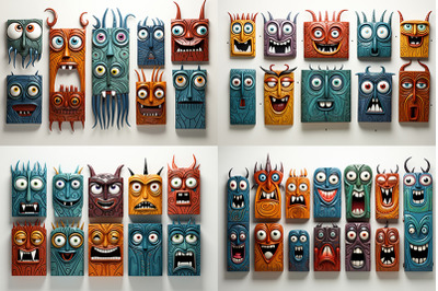 a group of five masks with different faces