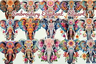Embroidery Elephant Clipart Bundle