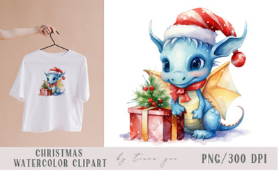 Cute Christmas blue dragon with gift box sublimation- 1 png