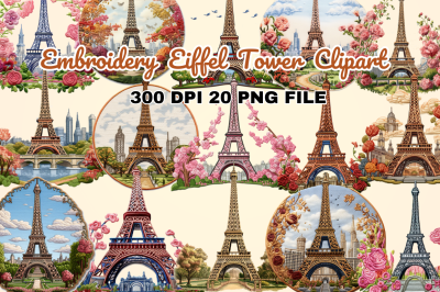 Embroidery Eiffel Tower Clipart Bundle
